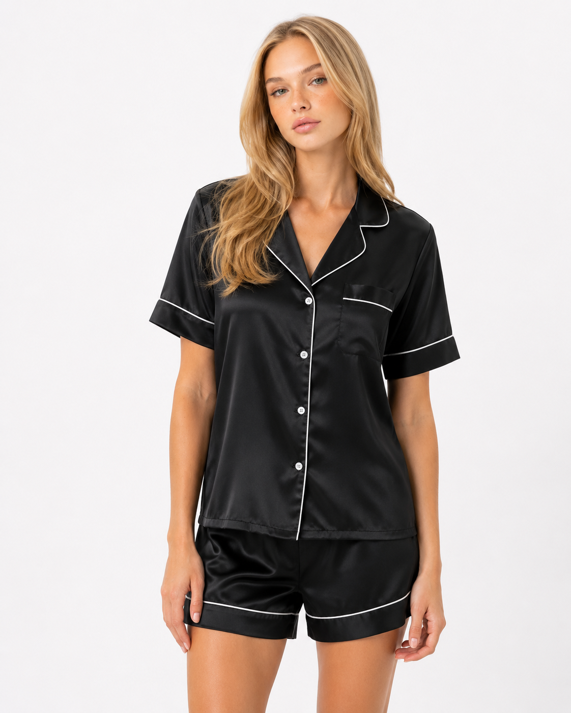 Pijama curto Monaco em cetim com vivos contrastantes
