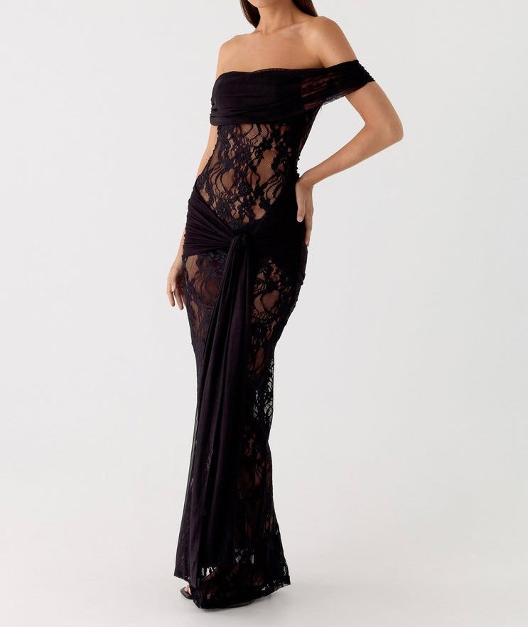 Vestido Longo de Renda Drapeado Pétala da Primavera