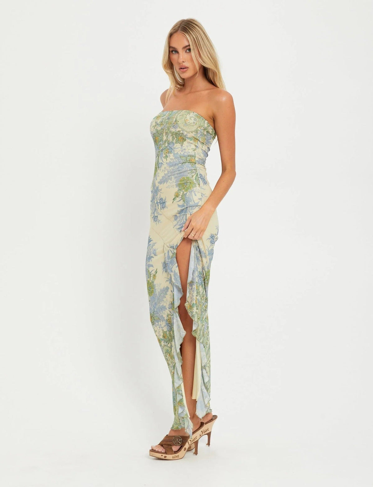 Vestido Longo Floral sem Alças Alvorada da Primavera