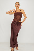 Vestido Longo em Cetim com Alças ao Pescoço Violeta da Primavera