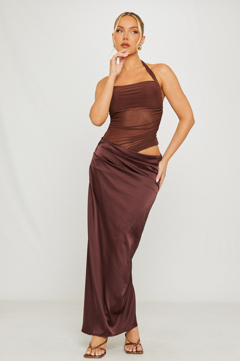 Vestido Longo em Cetim com Alças ao Pescoço Violeta da Primavera