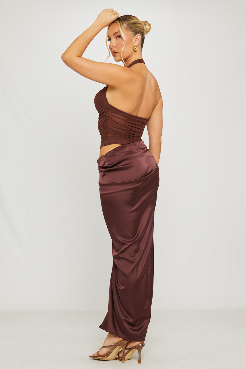 Vestido Longo em Cetim com Alças ao Pescoço Violeta da Primavera
