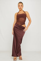 Vestido Longo em Cetim com Alças ao Pescoço Violeta da Primavera