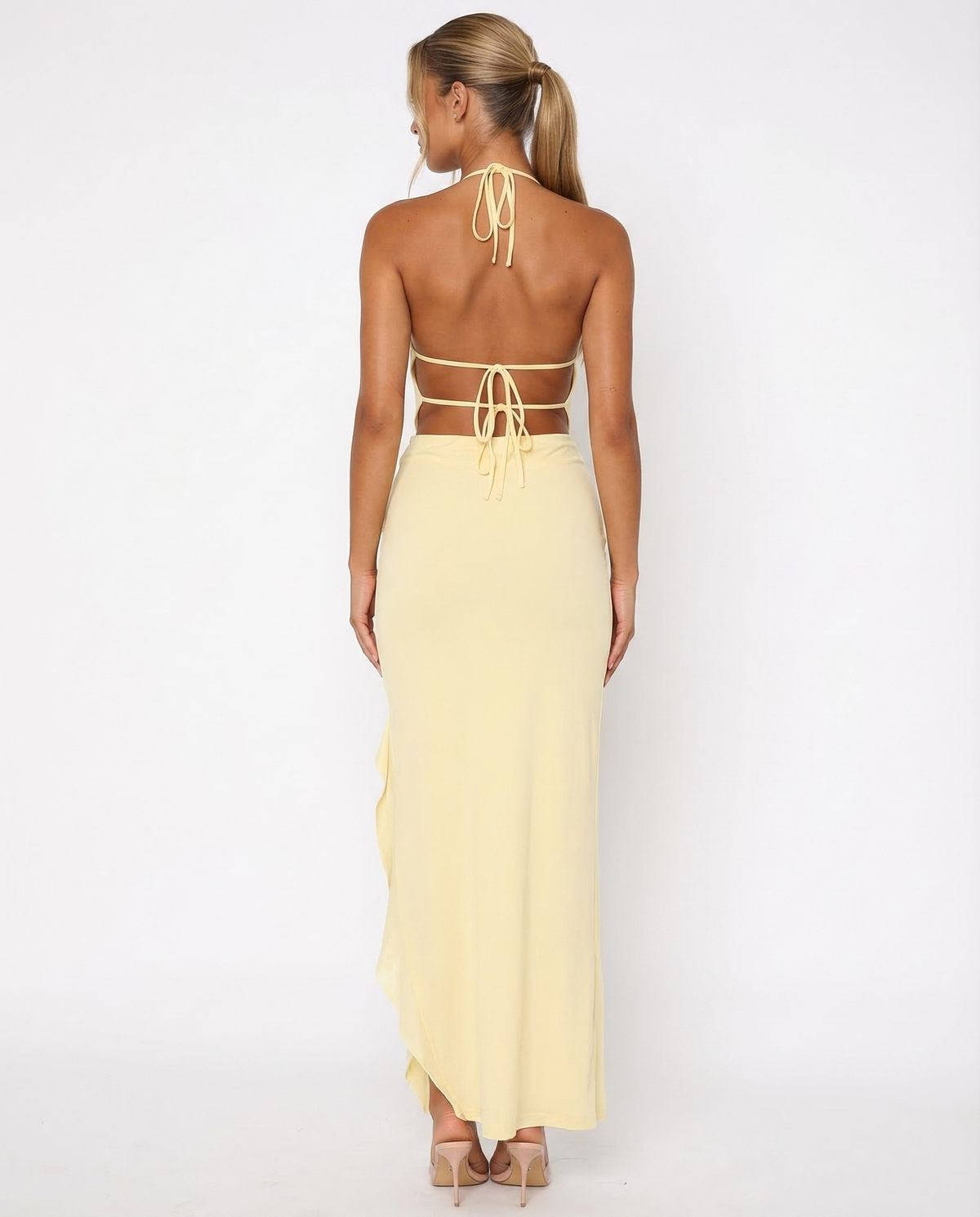 Vestido Longo de Malha com Costas Abertas Celeste da Primavera