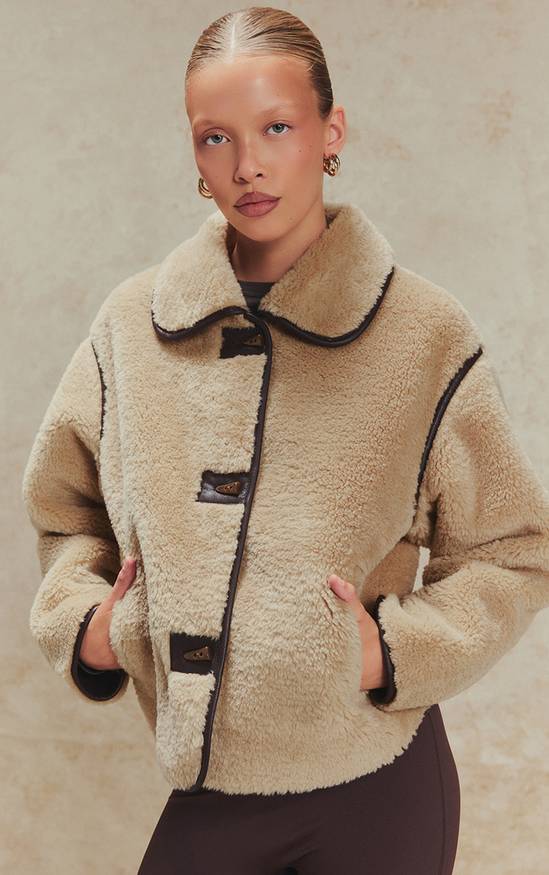 PrettyLittleThing Beige Borg Cropped Coat 1