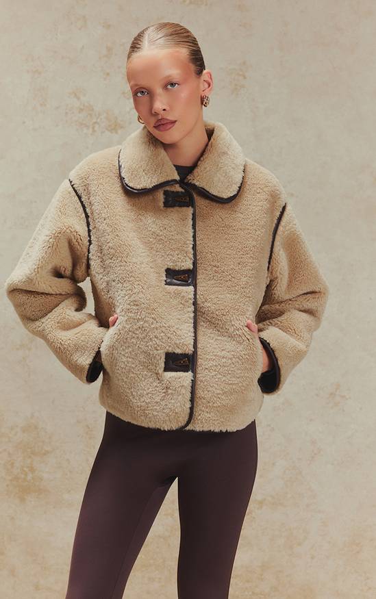 PrettyLittleThing Beige Borg Cropped Coat 4