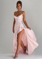 Vestido em Cetim Drapeado Rosa do Vale
