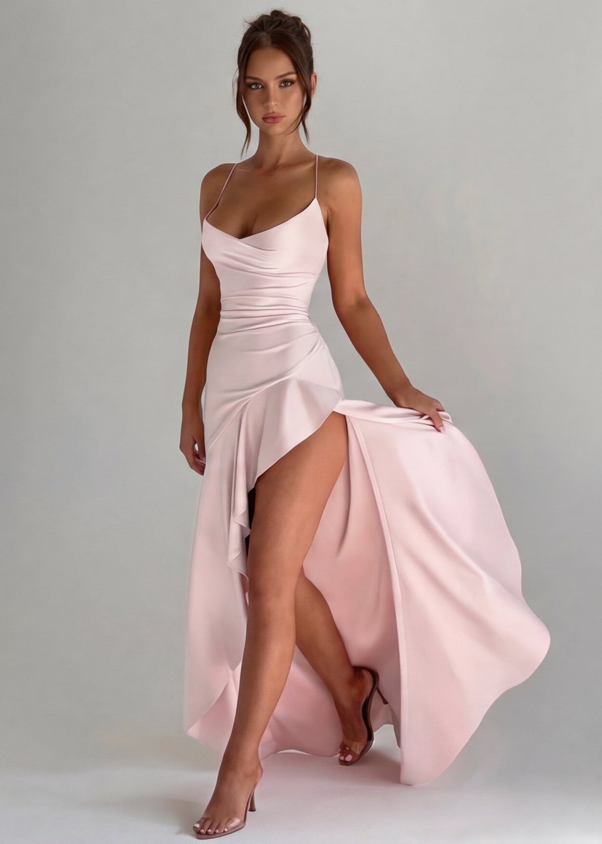 Vestido em Cetim Drapeado Rosa do Vale