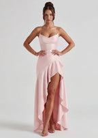 Vestido em Cetim Drapeado Rosa do Vale