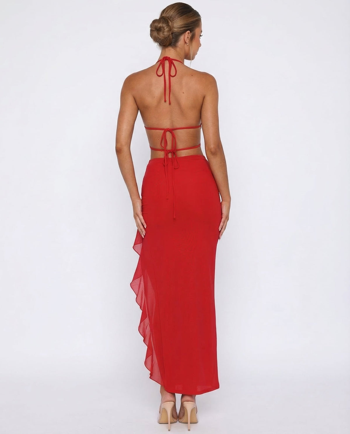Vestido Longo de Malha com Costas Abertas Celeste da Primavera