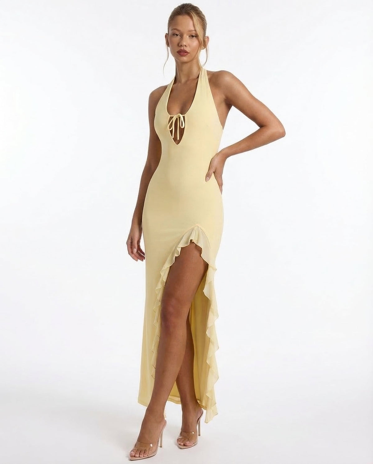Vestido Longo de Malha com Costas Abertas Celeste da Primavera